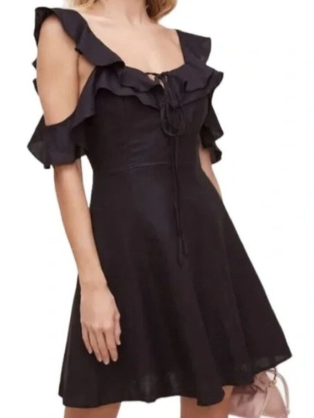 ASTR Emi Ruffle Cold Shoulder Mini Black Linen /Rayon Dress Small